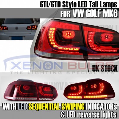 VW GOLF MK6 LED R-DESIGN SEQUENTIAL SWIPE Tail Lights Lamps Set Pair RHD
